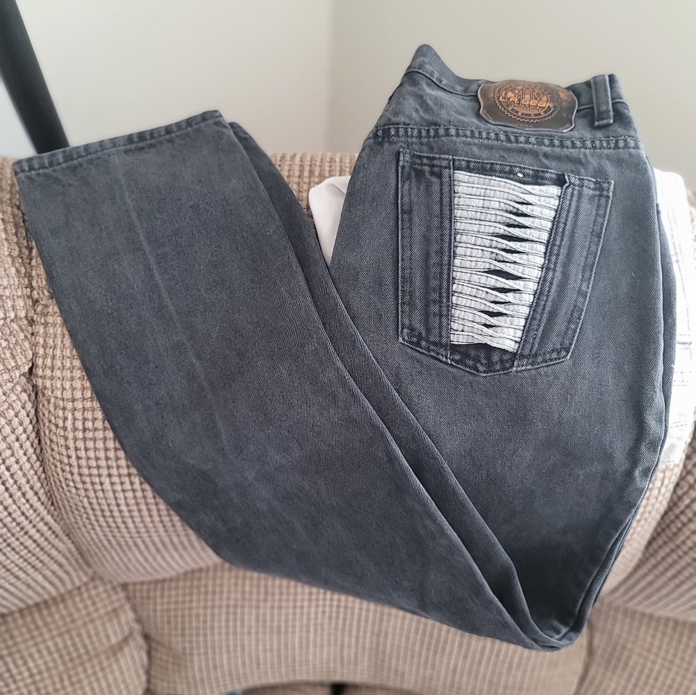 Black and Gray Designer La Gear Jeans with Textured Denim